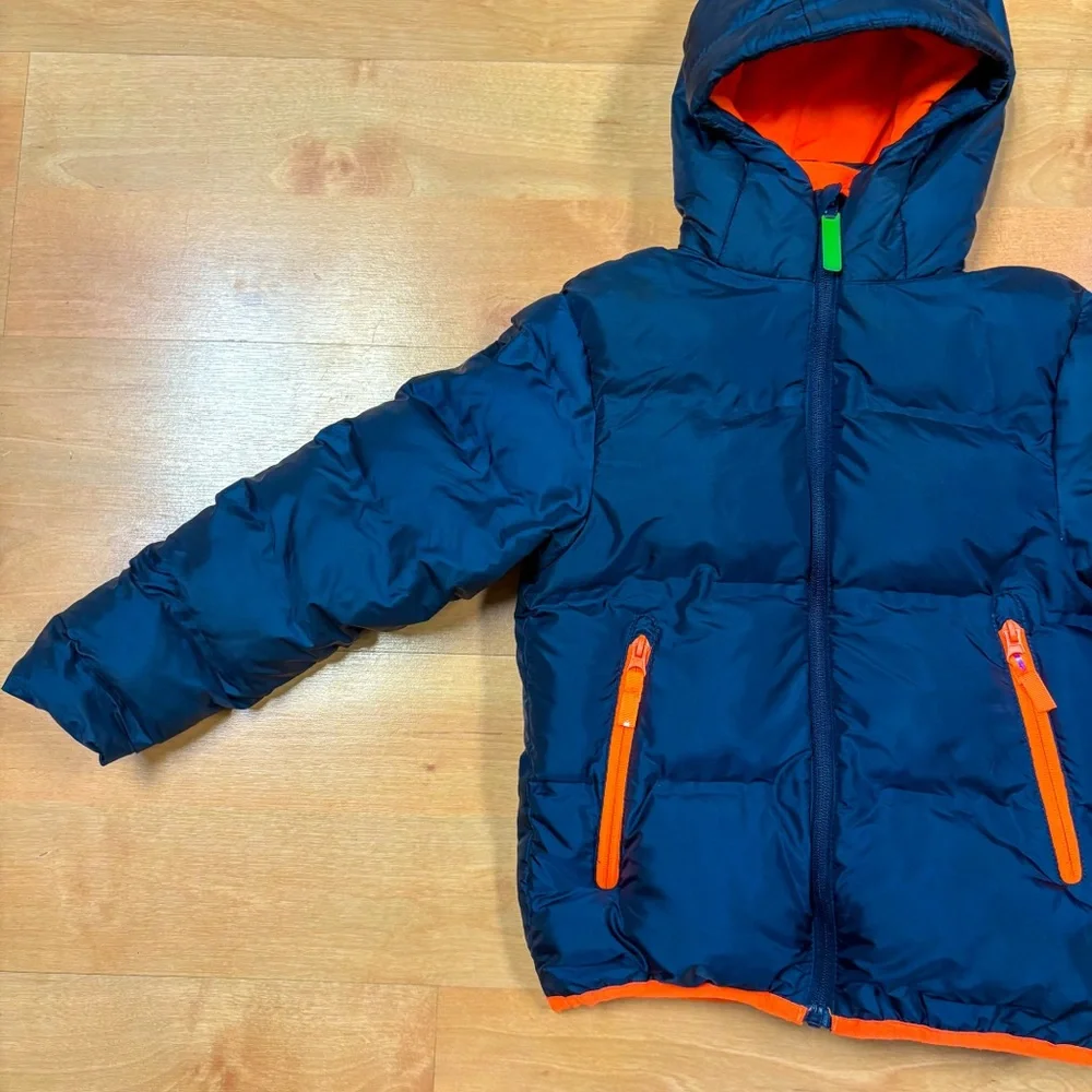 Champion Navy Blue & Orange Fleece Lined Hooded Puffer Jacket Kids XS 4/5